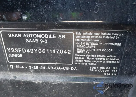 2006 Saab 9-3 2.0T из США, поврежденный, VIN YS3FD49Y061147042